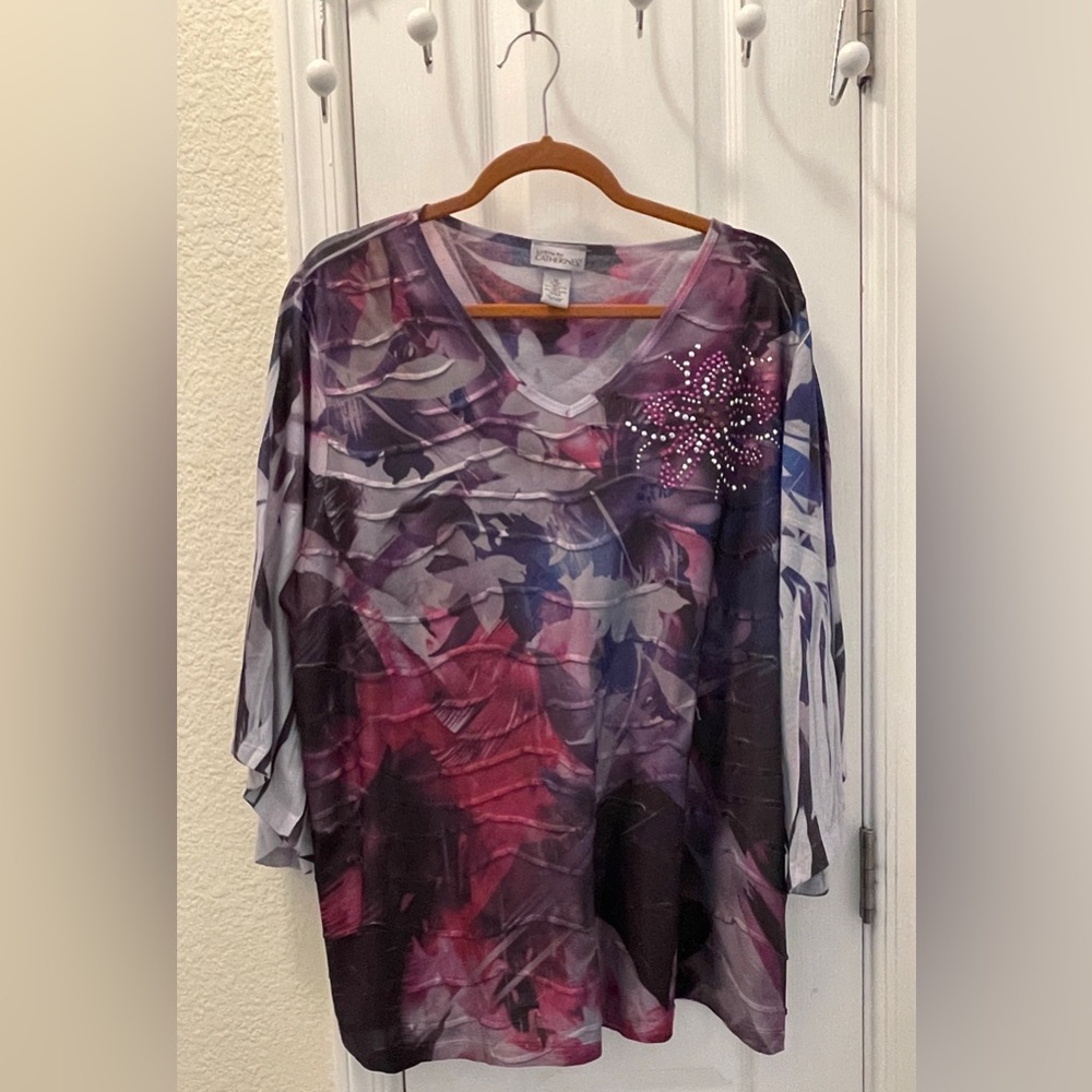 Catherines Purple and Red Flower  3/4 Sleeve Blouse With Embellishments